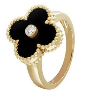 Clover Quatrefoil Ring, Vintage, Gold Black Onyx Diamond, Size 7, 8, 9, New